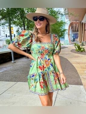 farm rio puff sleeve mini dress black and white Farm Rio Black Latina Scarf Puff Sleeve Organic Cotton Mini Dress, Latina Scarf Black / XXS